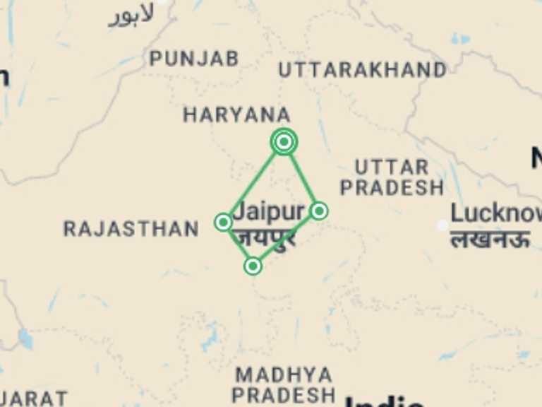 Map of India Cultural, religious and historic sites Tour with 5 destination visits for the trip: India’s Taj Mahal and Tigers - Premium Adventure