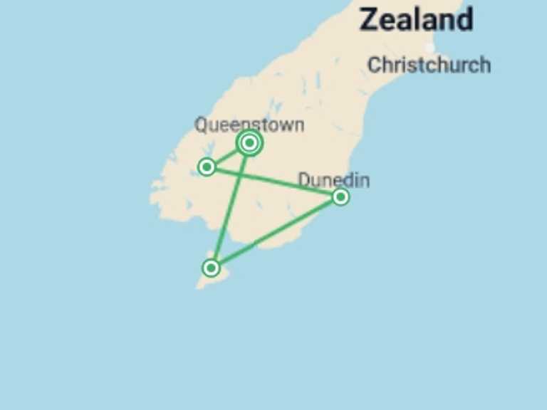 Map itinerary of Oceania Tour in May 2027 with 4 destination visits for the trip: Queenstown Southern Loop