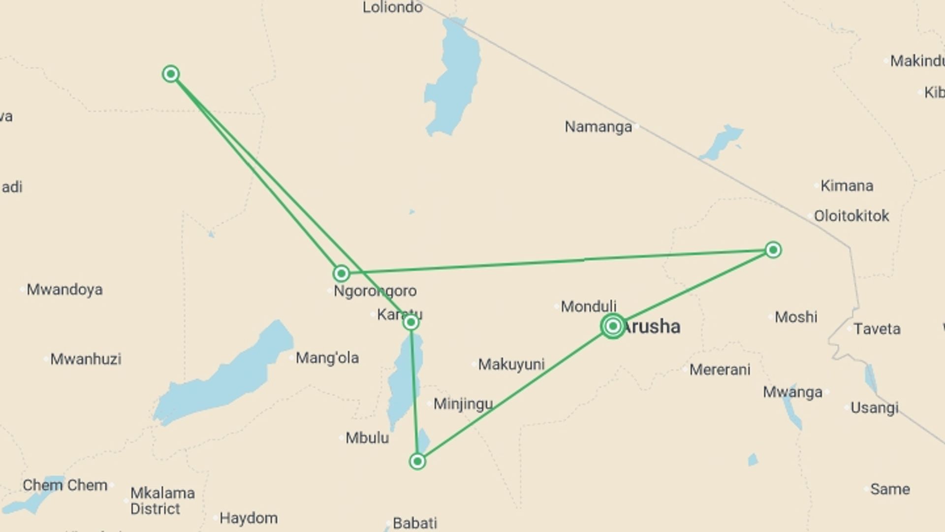 A map showing the tour itinerary for the trip: Simba Safari, Serena Lodges, starting in Arusha, Tanzania and ending in Arusha, Tanzania going through 5 other destinations.
