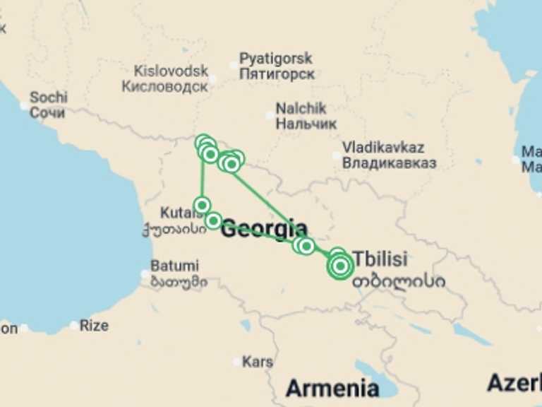 Map of Georgia Tour with 8 destination visits for the trip: Transcaucasian Trail Hike Georgia