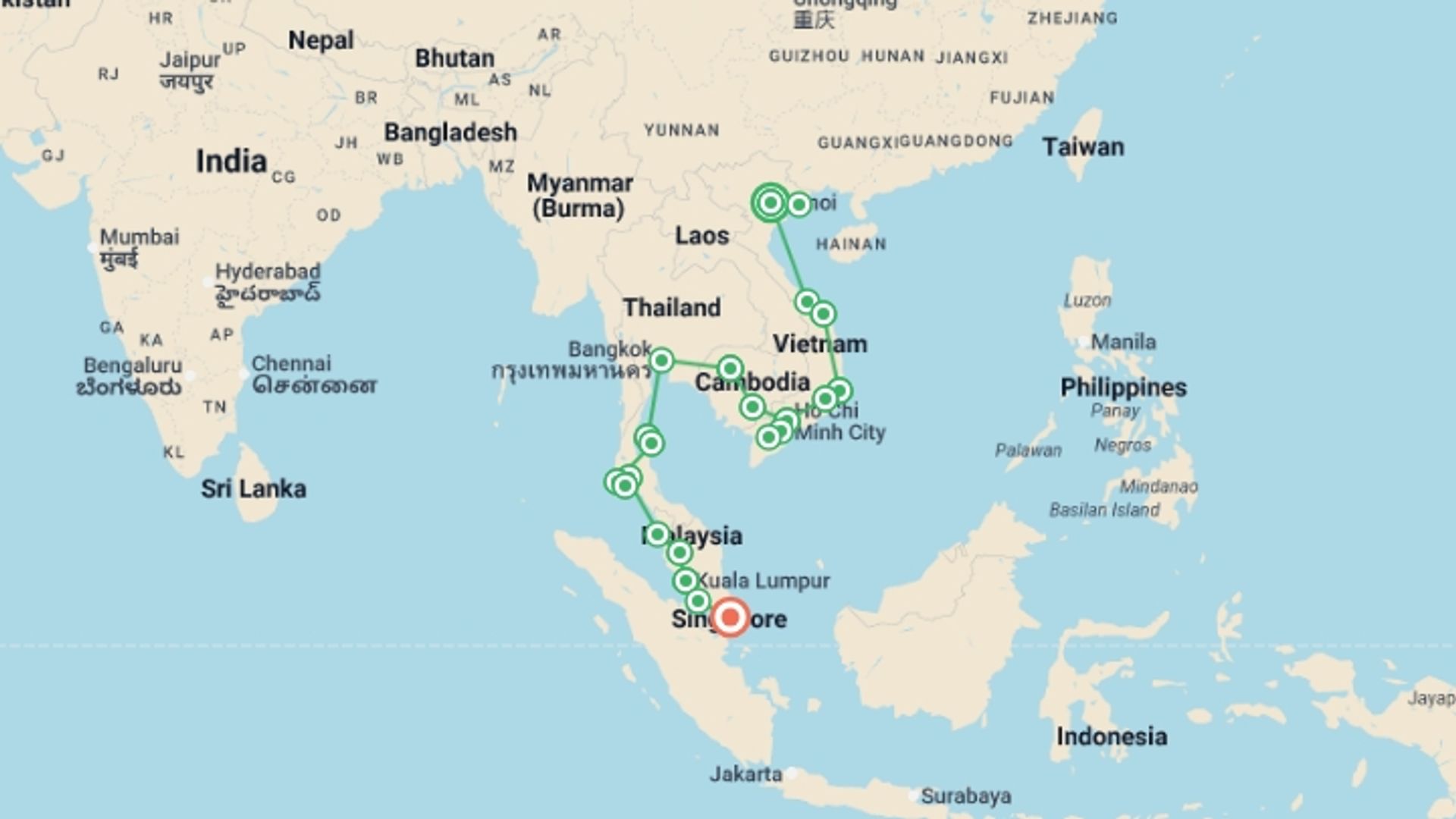 A map showing the tour itinerary for the trip: Hanoi to Singapore Travel Pass, starting in Hanoi, Vietnam and ending in Singapore, Singapore going through 19 other destinations.