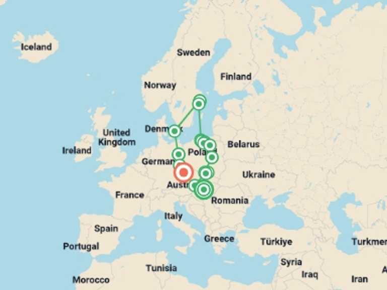 Map of Europe Tour with 9 destination visits for the trip: Hungary, Poland and Scandinavia End Prague