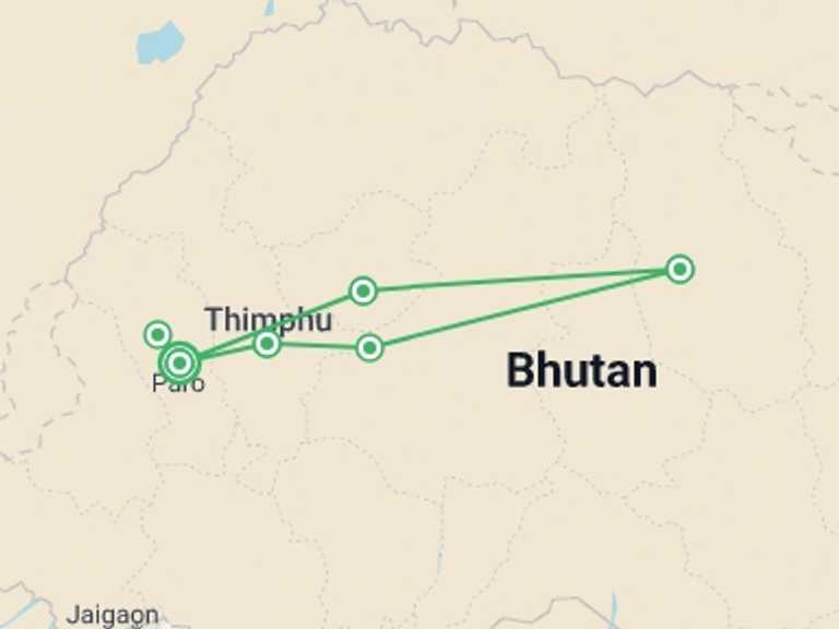 Map itinerary of Thimphu Tour in June 2026 with 5 destination visits for the trip: Bhutan, 10 Days Tour (on Request)