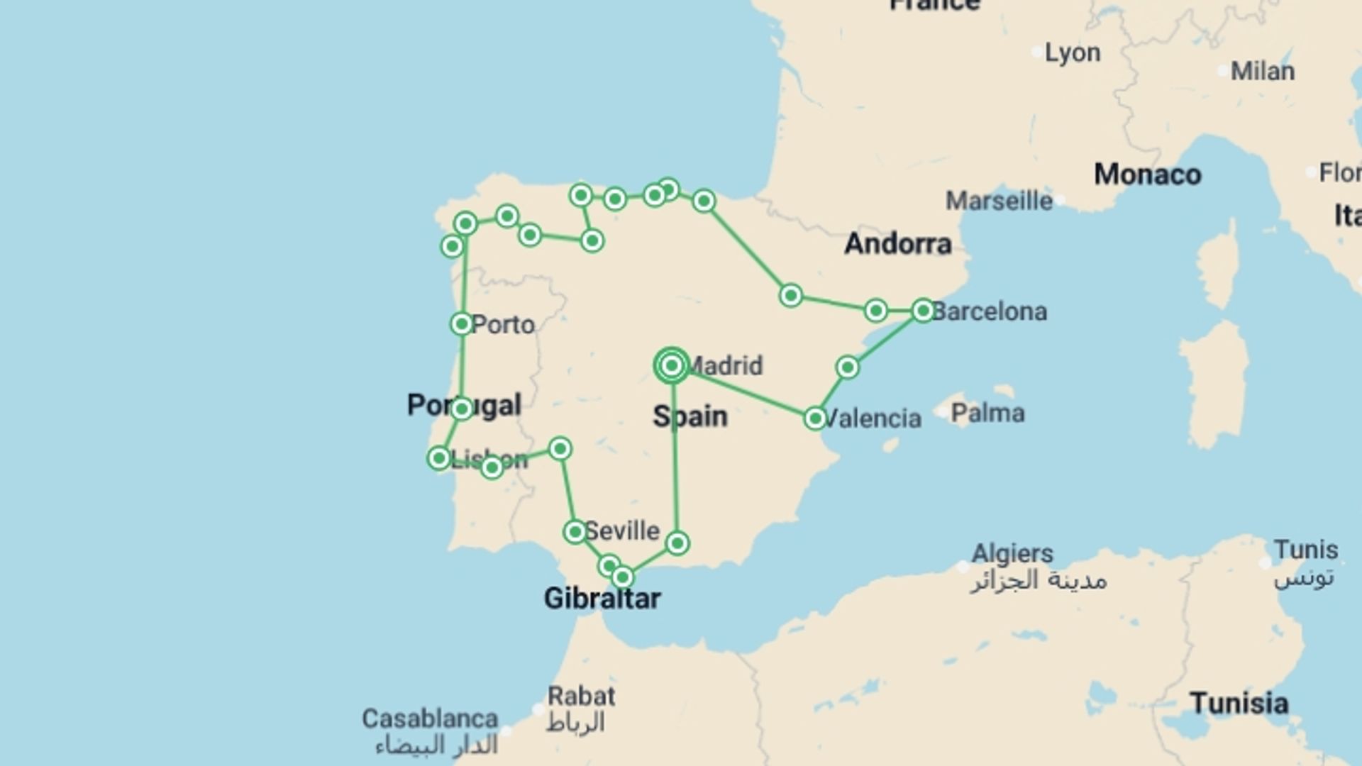 A map showing the tour itinerary for the trip: The Best of Spain and Portugal (without Alhambra), starting in Madrid, Spain and ending in Madrid, Spain going through 9 other destinations.
