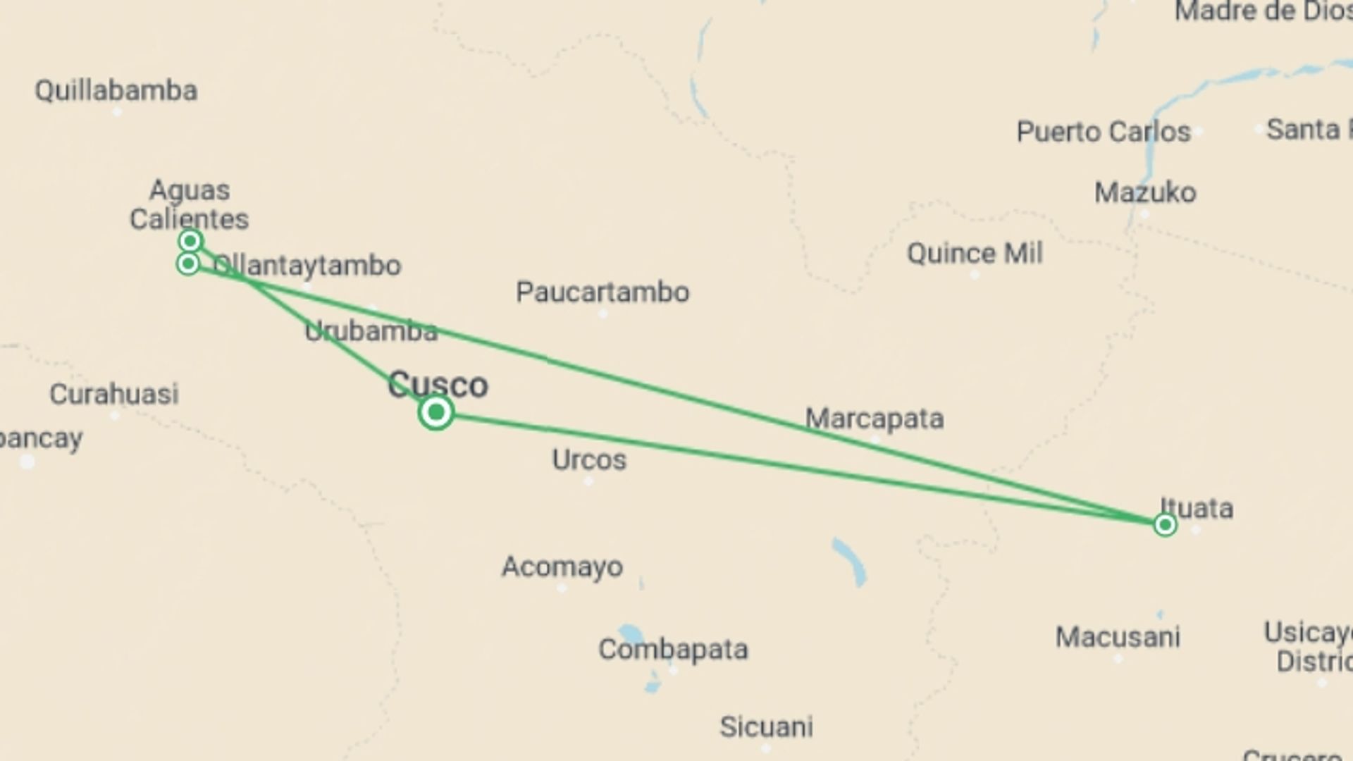 A map showing the tour itinerary for the trip: Inca Trail to Machu Picchu: 4-Day Private Tour, starting in Cusco, Peru and ending in Cusco, Peru going through 5 other destinations.