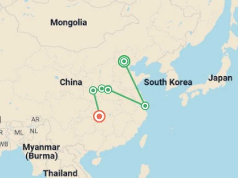 Map itinerary of China Tour in January 2027 with 5 destination visits for the trip: Authentic China and Avatar Dreams