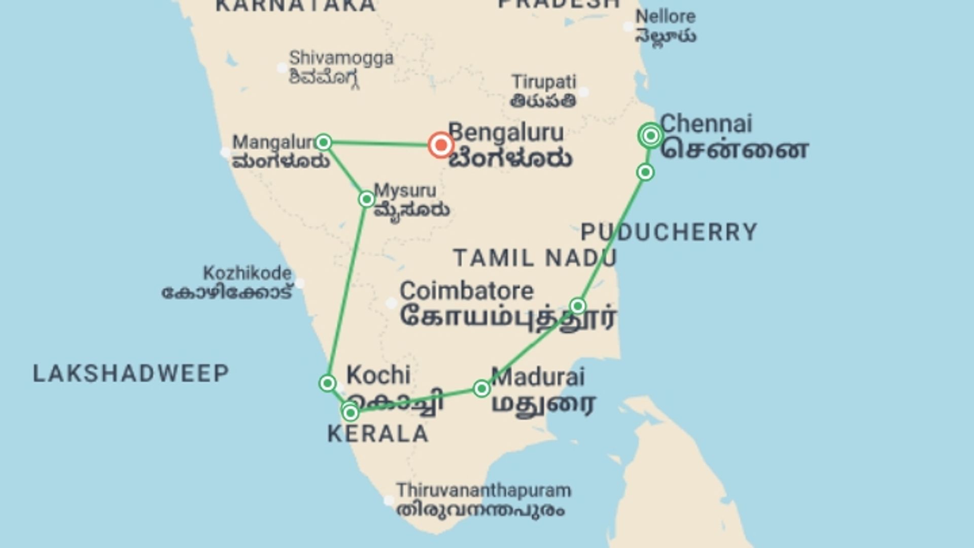 A map showing the tour itinerary for the trip: South India With Karnataka Extension, French-speaking Guide, Private Tour, starting in Chennai, India and ending in Bangalore, India going through 8 other destinations.