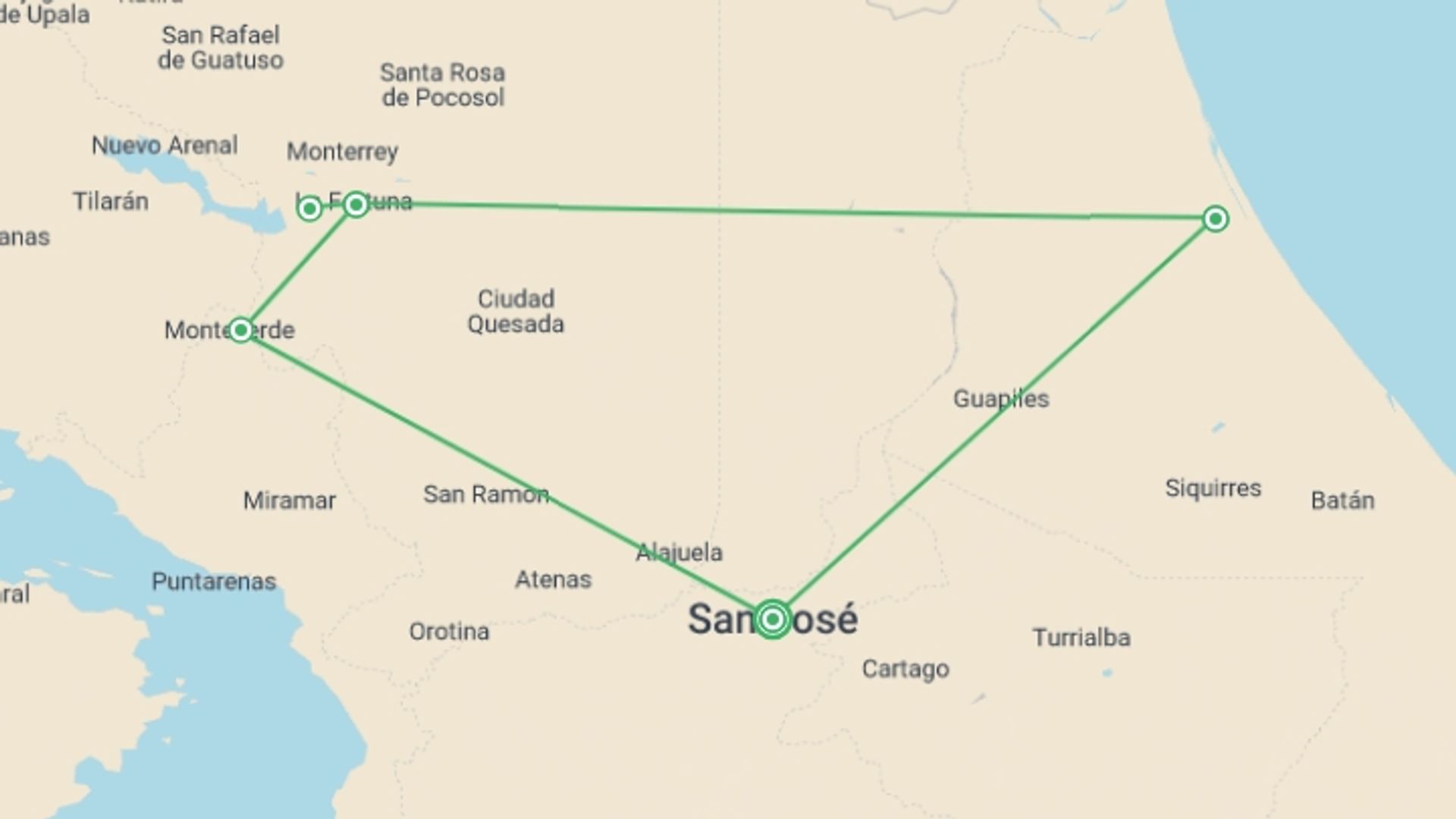 A map showing the tour itinerary for the trip: Costa Rica Highlights Adventure 8D/7N, starting in San Jose, Costa Rica and ending in San Jose, Costa Rica going through 3 other destinations.