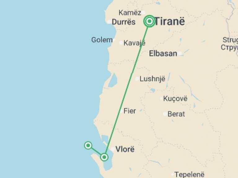 Map itinerary of Tirana Tour in October 2025 with 3 destination visits for the trip: Family Albania Adventure