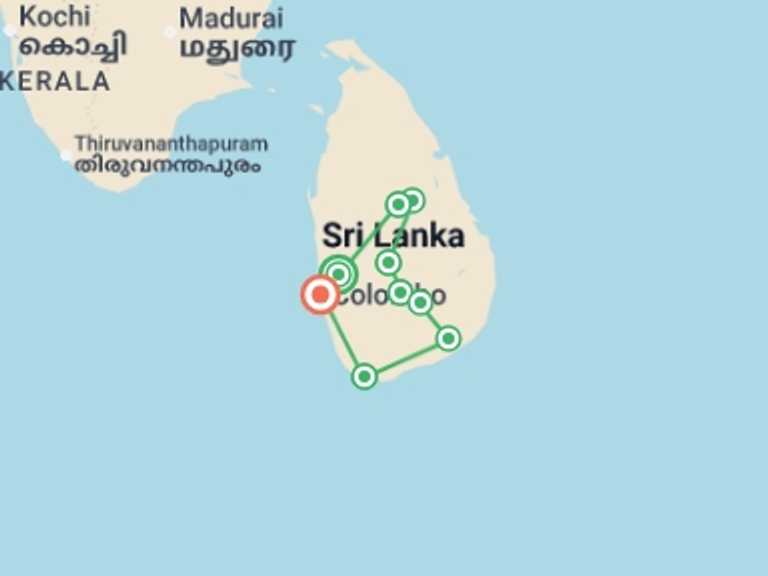 Map itinerary of Asia Tour in February 2026 with 9 destination visits for the trip: Discover Sri Lanka