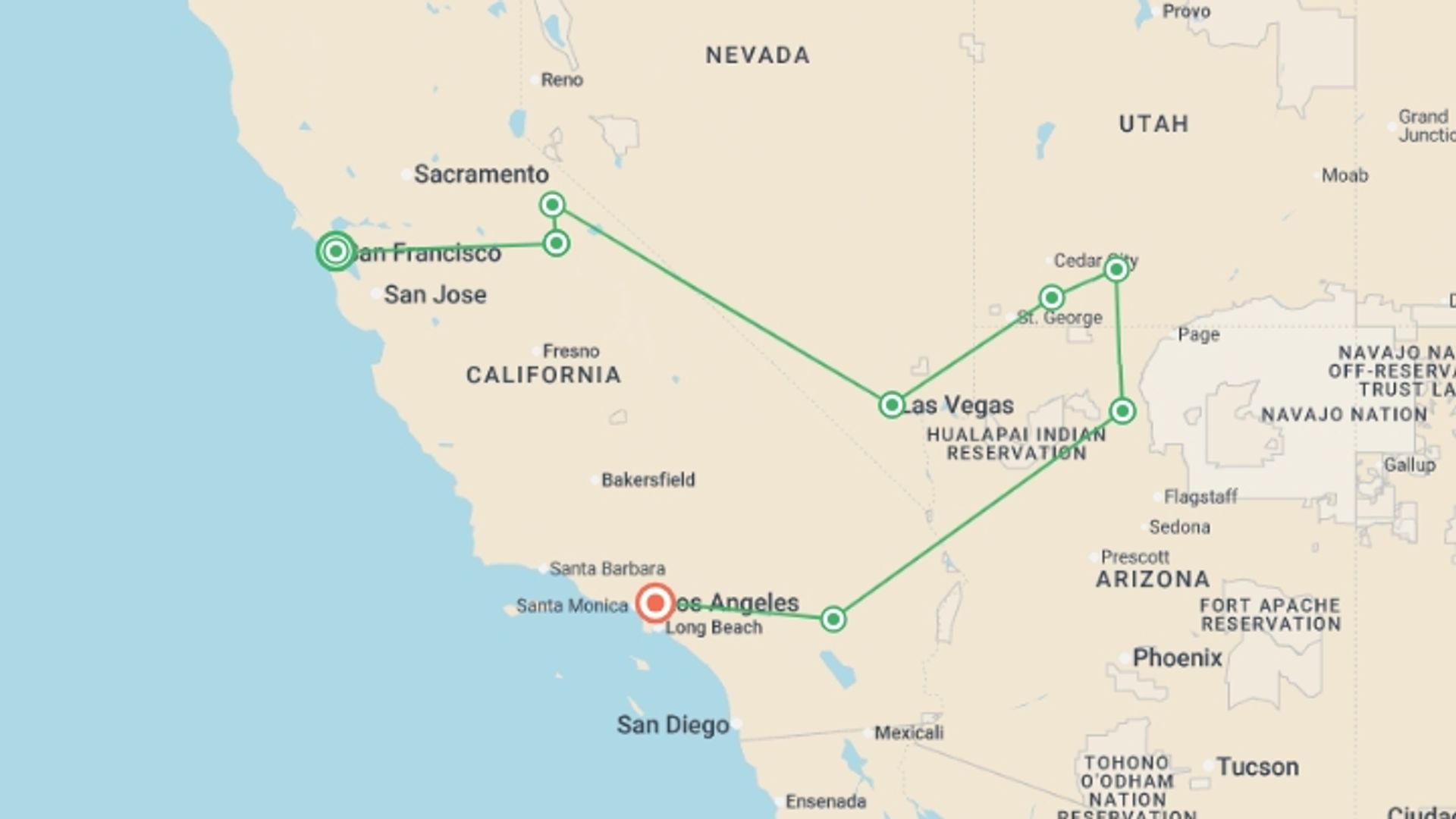 A map showing the tour itinerary for the trip: Real San Francisco to LA, starting in San Francisco, USA and ending in Los Angeles, USA going through 7 other destinations.