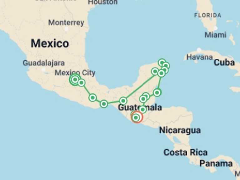 Map of a Walking Tour with 17 destination visits for the trip: EPIC CENTRAL AMERICA 28 DAYS