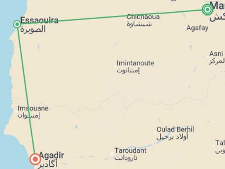 Map itinerary of Africa Tour in June 2026 with 3 destination visits for the trip: Marrakesh, Essaouira & Agadir, Private Tour