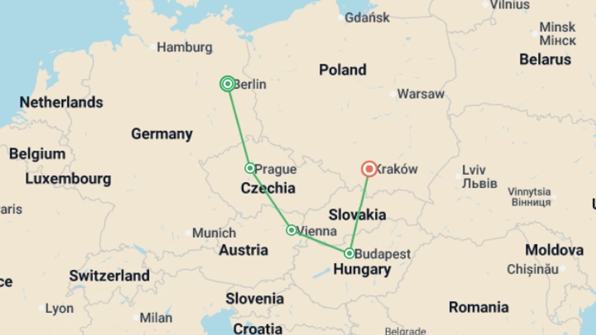 A map showing the tour itinerary for the trip: Majestic Cities of Central & Eastern Europe featuring Berlin, Prague, Vienna, Budapest & Krakow, starting in Berlin, Germany and ending in Krakow, Poland going through 3 other destinations.