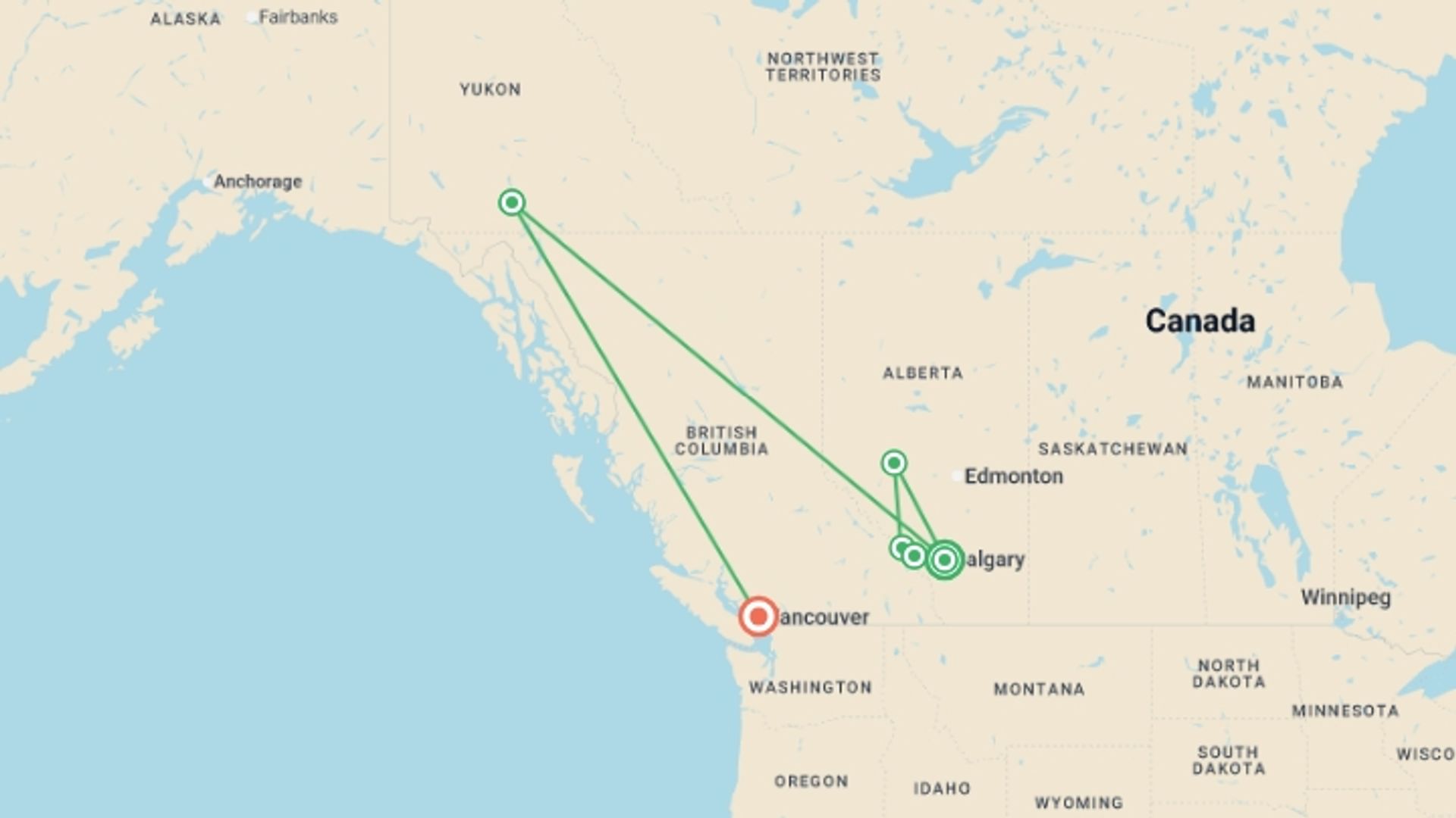 A map showing the tour itinerary for the trip: Aurora Adventure: Winter in the Canadian Rockies & The Yukon, starting in Calgary, Canada and ending in Vancouver, Canada going through 4 other destinations.