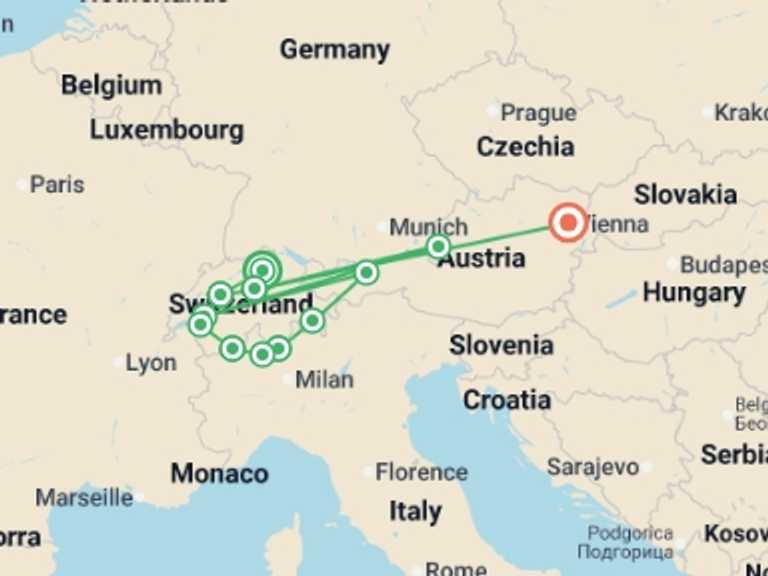 Map itinerary of Europe Tour in August 2026 with 10 destination visits for the trip: Wonders of Switzerland & Austria