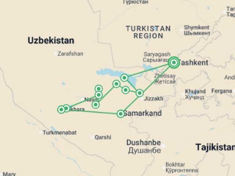 Map of Asia Bicycle Tour with 11 destination visits for the trip: Uzbekistan by Bike