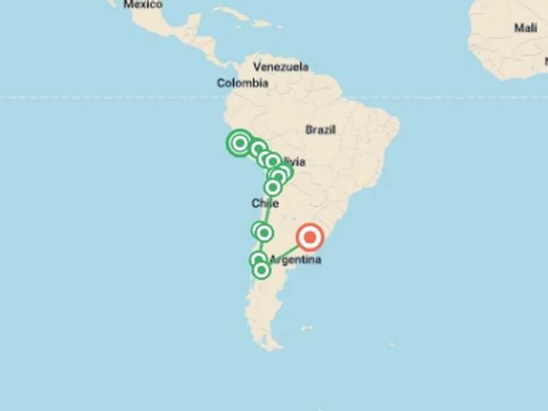 Map itinerary of Andes Tour in August 2026 with 16 destination visits for the trip: The Scenic Route - Lima to Buenos Aires