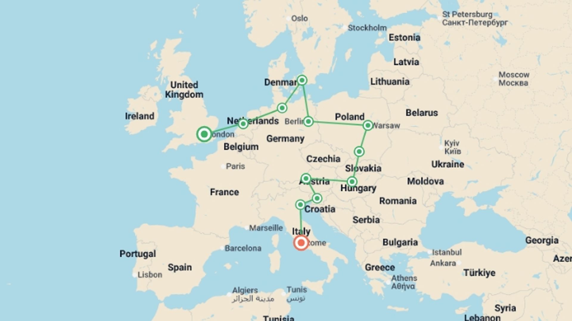 A map showing the tour itinerary for the trip: London to Rome Vistas, starting in London, England and ending in Rome, Italy going through 10 other destinations.
