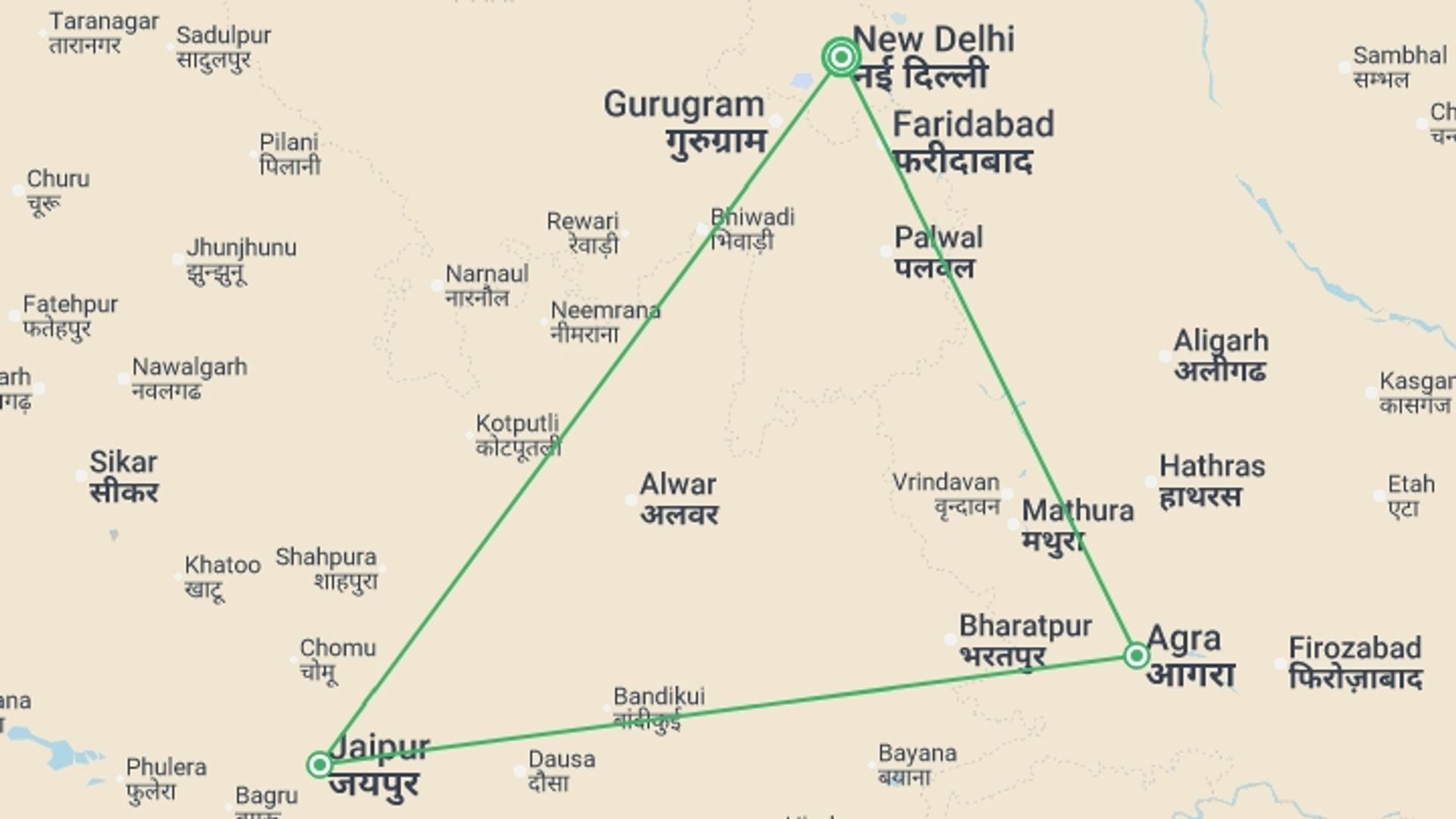 A map showing the tour itinerary for the trip: Golden Triangle & Leopards (4 Star) - 7 days, starting in New Delhi, India and ending in New Delhi, India going through 2 other destinations.