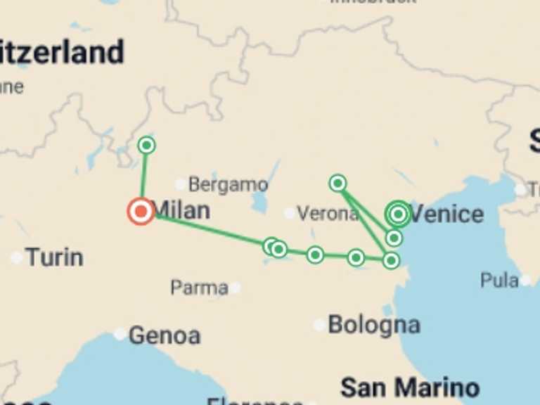 Map of Italy Cruise Tour with 6 destination visits for the trip: From the Canals of Venice to Renaissance-infused Mantua & Milan and Lake Como Extended Stay (port-to-port cruise)