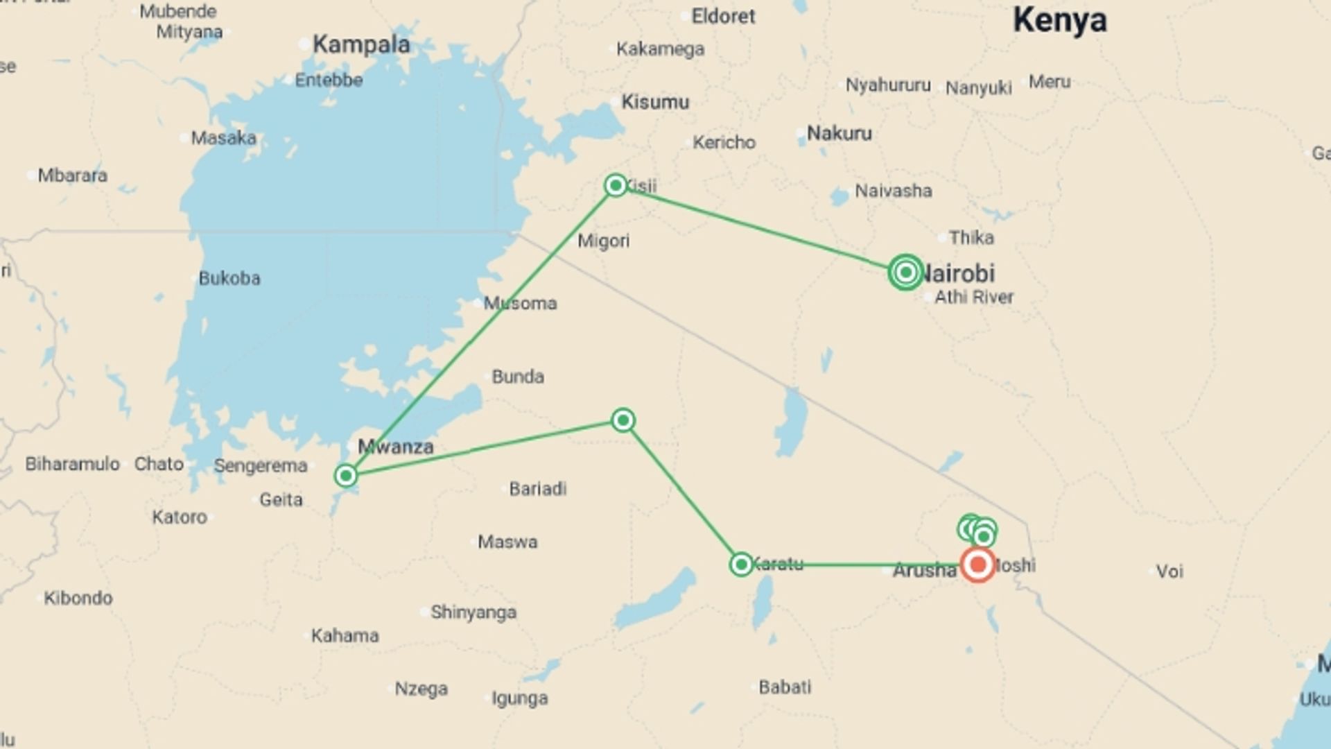 A map showing the tour itinerary for the trip: Safari to Kilimanjaro - Machame Route, starting in Nairobi, Kenya and ending in Moshi, Tanzania going through 2 other destinations.