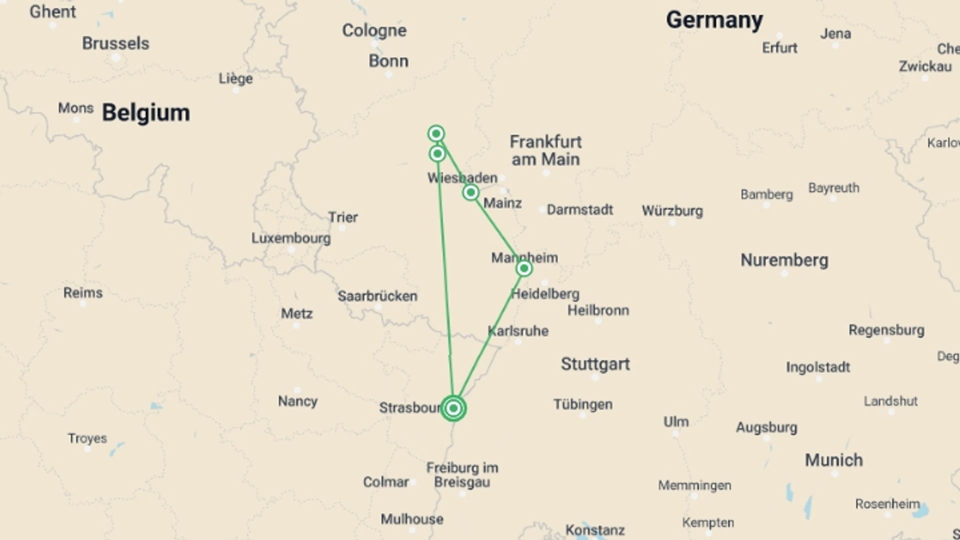 A map showing the tour itinerary for the trip: The Rhine in flames, an incredible spectacle on the water (port-to-port cruise), starting in Strasbourg, France and ending in Strasbourg, France going through 3 other destinations.