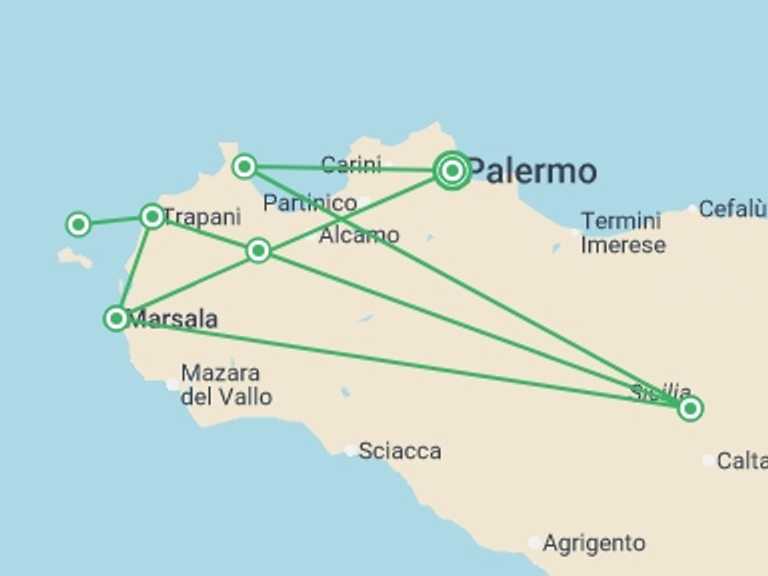 Map of 8-Day Mediterranean Tour with 4 destination visits for the trip: Western Sicily Guided Walk