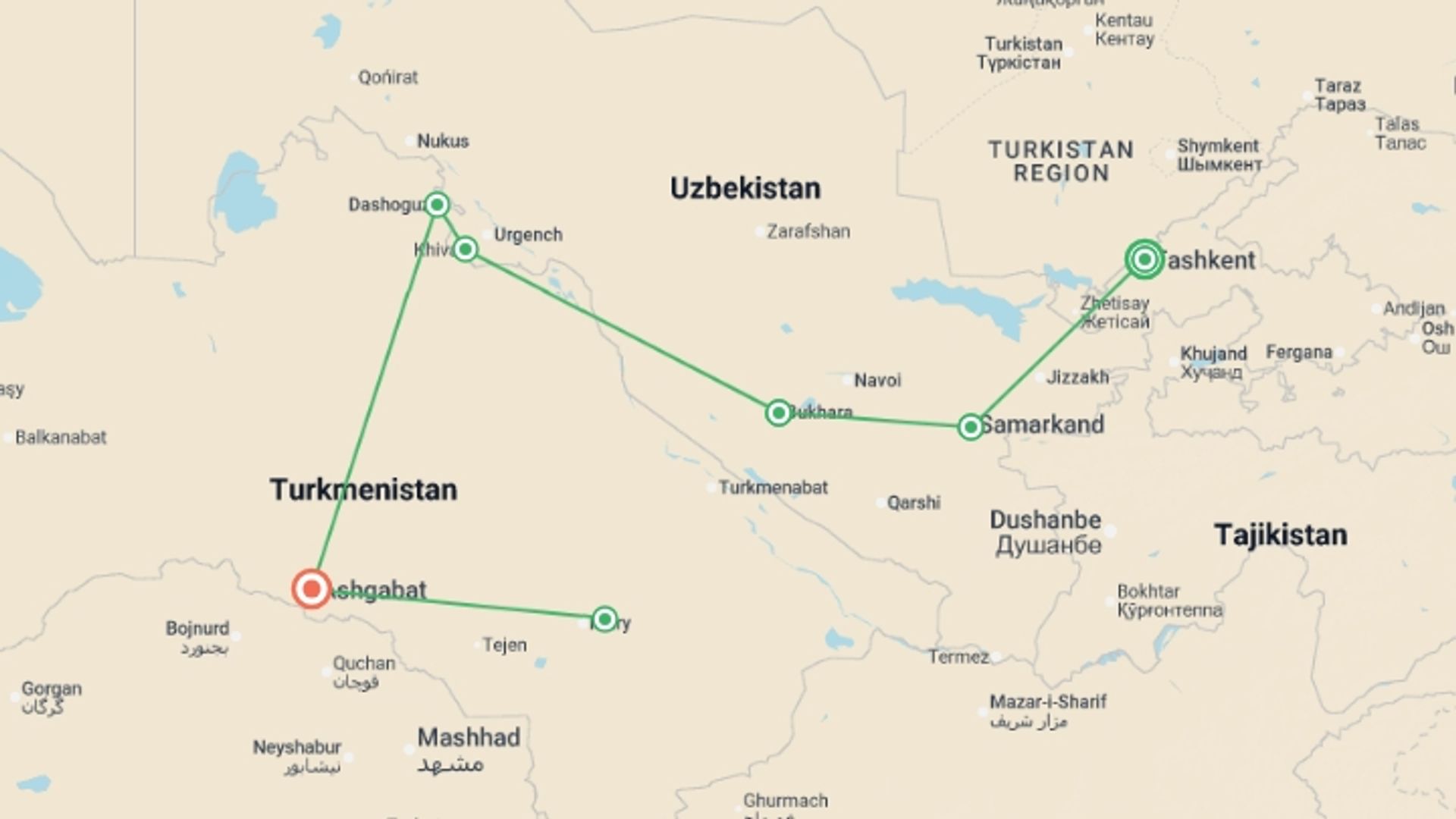 A map showing the tour itinerary for the trip: Uzbekistan and Turkmenistan Explorer, starting in Tashkent, Uzbekistan and ending in Ashgabat, Turkmenistan going through 5 other destinations.