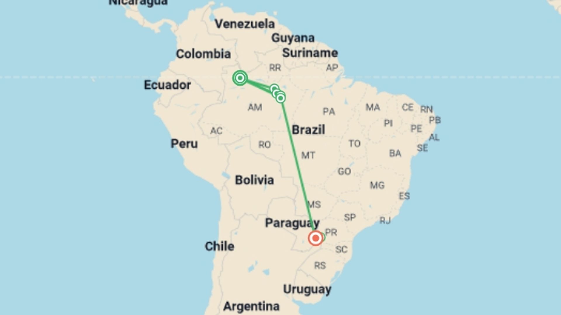A map showing the tour itinerary for the trip: Along the Amazon and the Rio Negro - An Exclusive Cruise through Pristine and Hidden Nature - An exceptional stay at Iguazu Falls (port-to-port cruise), starting in Rio Negro, Brazil and ending in Foz Do Iguacu, Brazil going through 7 other destinations.
