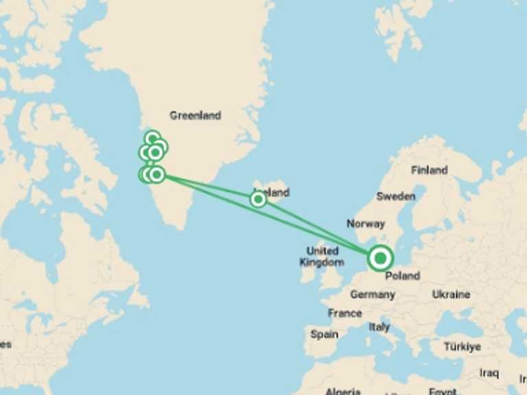 Map itinerary of Europe Tour in September 2026 with 8 destination visits for the trip: Greenland Disko Bay Discovered - 8 Days