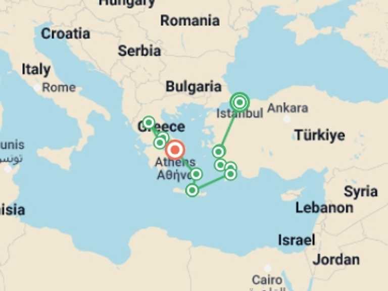 Map of 15-Day Europe Tour with 2 destination visits for the trip: Greco-Turkish passion with Greek islands and northern Greece
