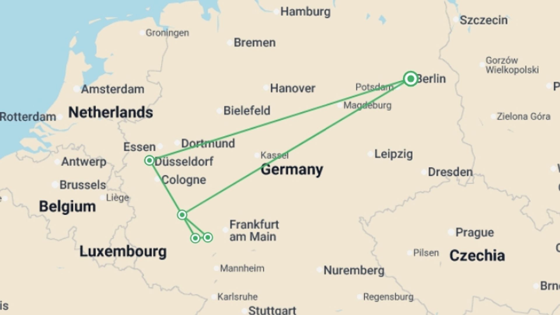 A map showing the tour itinerary for the trip: Rhine Christmas Markets River Diamond Superior, starting in Berlin, Germany and ending in Berlin, Germany going through 4 other destinations.