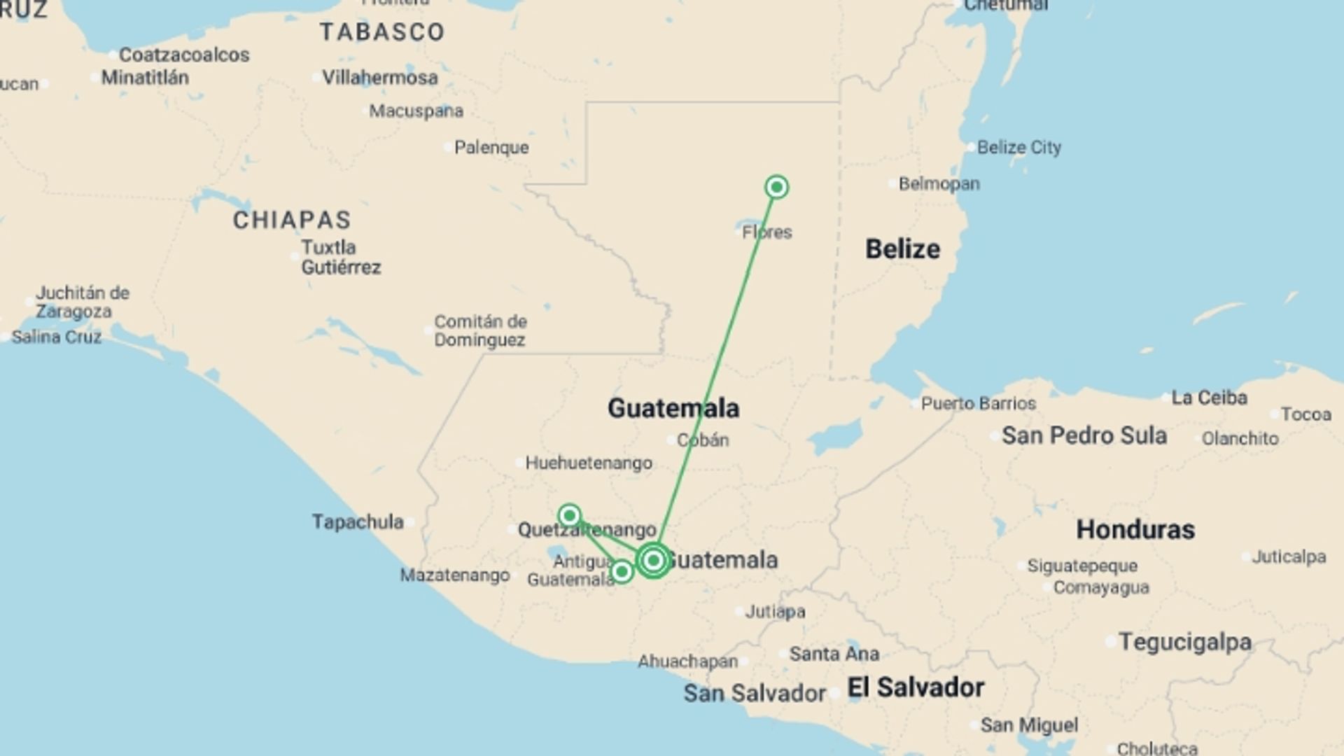 A map showing the tour itinerary for the trip: Real Guatemalan Group Experience 8D/7N, starting in Guatemala City, Guatemala and ending in Guatemala City, Guatemala going through 3 other destinations.