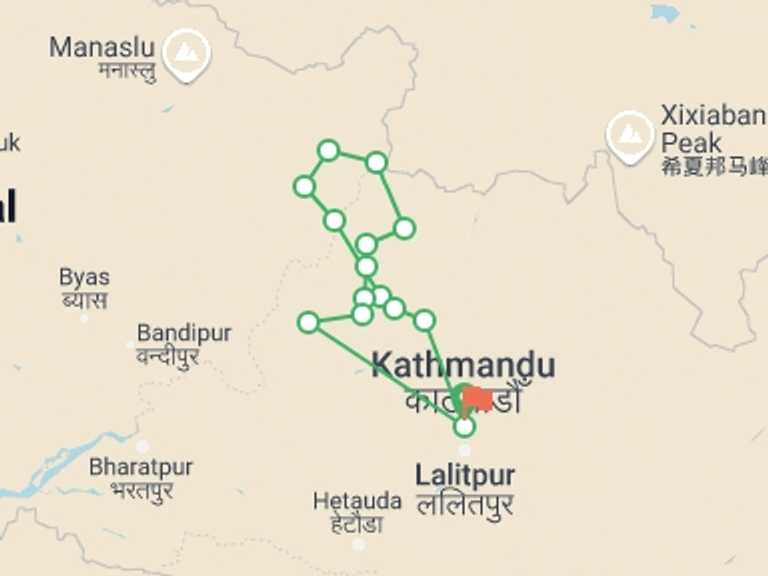 Map itinerary of Kathmandu Tour in September 2026 with 15 destination visits for the trip: Ganesh Himal Trekking Tour