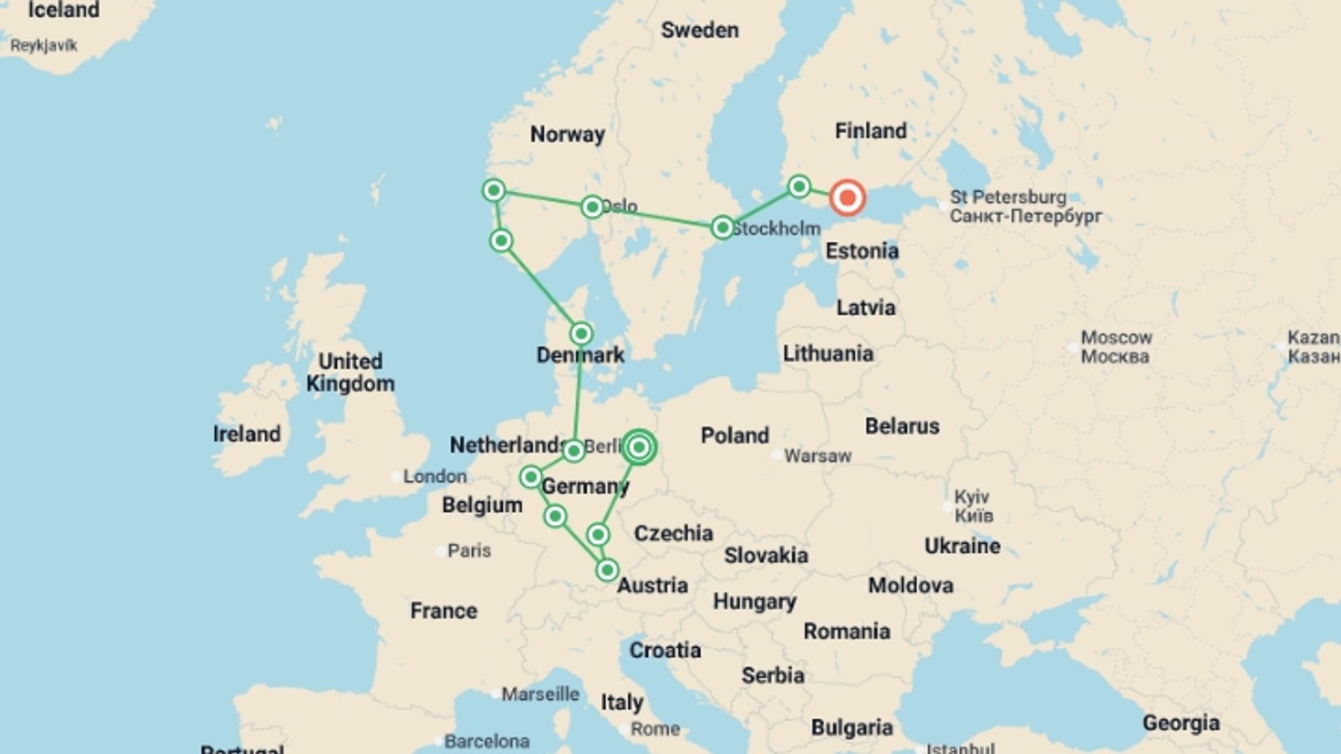 A map showing the tour itinerary for the trip: Germany and Scandinavia end Helsinki, starting in Berlin, Germany and ending in Helsinki, Finland going through 11 other destinations.