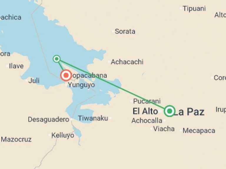 Map of La Paz Explorer Tour with 3 destination visits for the trip: Lake Titicaca & Isla del Sol Adventure 2D/1N (La Paz to Copacabana)