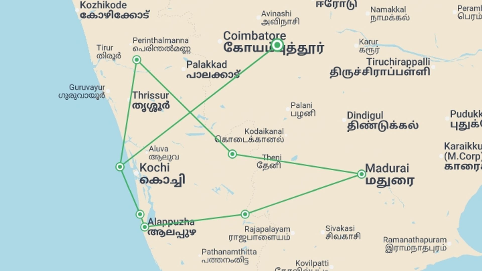 A map showing the tour itinerary for the trip: Kerala Heritage, Backwaters and Hill Country, starting in Kerala & Tamil Nadu, India and ending in Kerala & Tamil Nadu, India going through 5 other destinations.