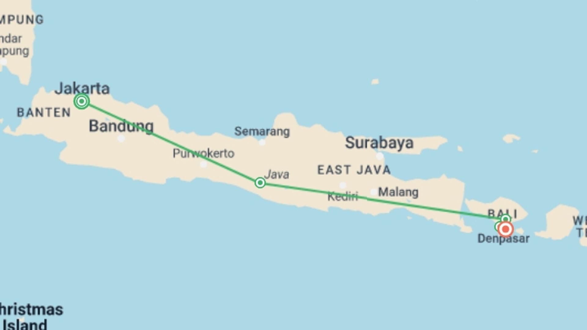 A map showing the tour itinerary for the trip: Premium Java and Bali, starting in Jakarta, Indonesia and ending in Sanur, Indonesia going through 3 other destinations.