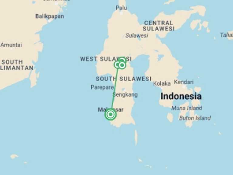 Map of Indonesia Tour with 3 destination visits for the trip: Four Day Tana Toraja Adventure