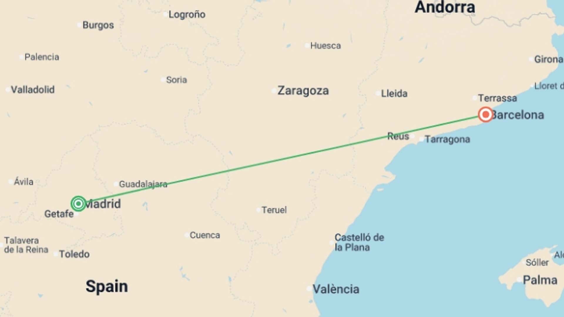 A map showing the tour itinerary for the trip: Madrid and Barcelona, starting in Madrid, Spain and ending in Barcelona, Spain going through 0 other destinations.