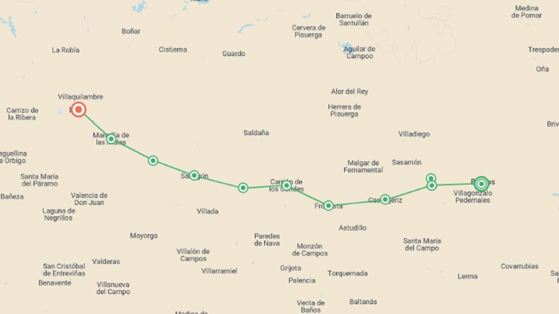 A map showing the tour itinerary for the trip: Camino - Burgos to Leon, starting in Burgos, Spain and ending in Leon, Spain going through 8 other destinations.