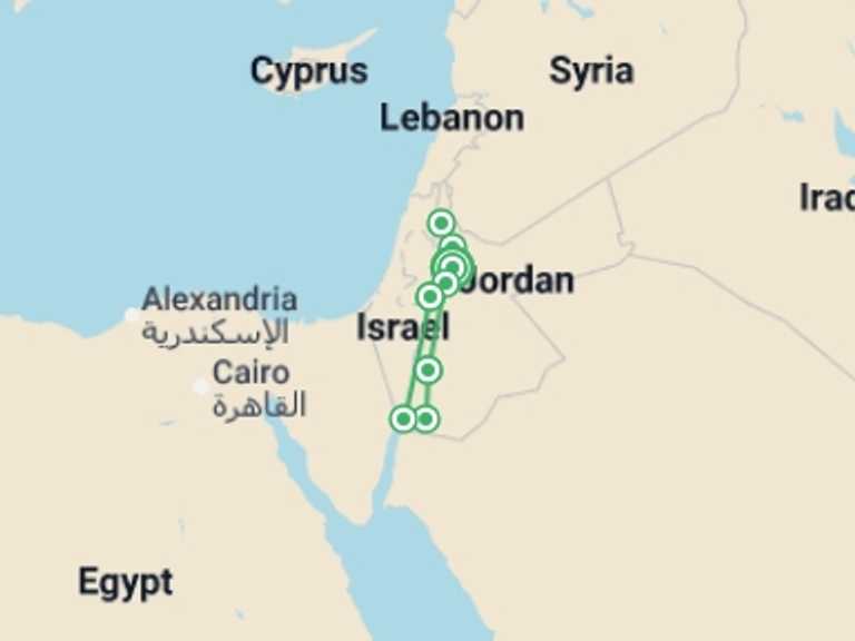 Map of Petra Cultural, religious and historic sites Tour with 4 destination visits for the trip: Lawrence's Arabia  - 9 Days