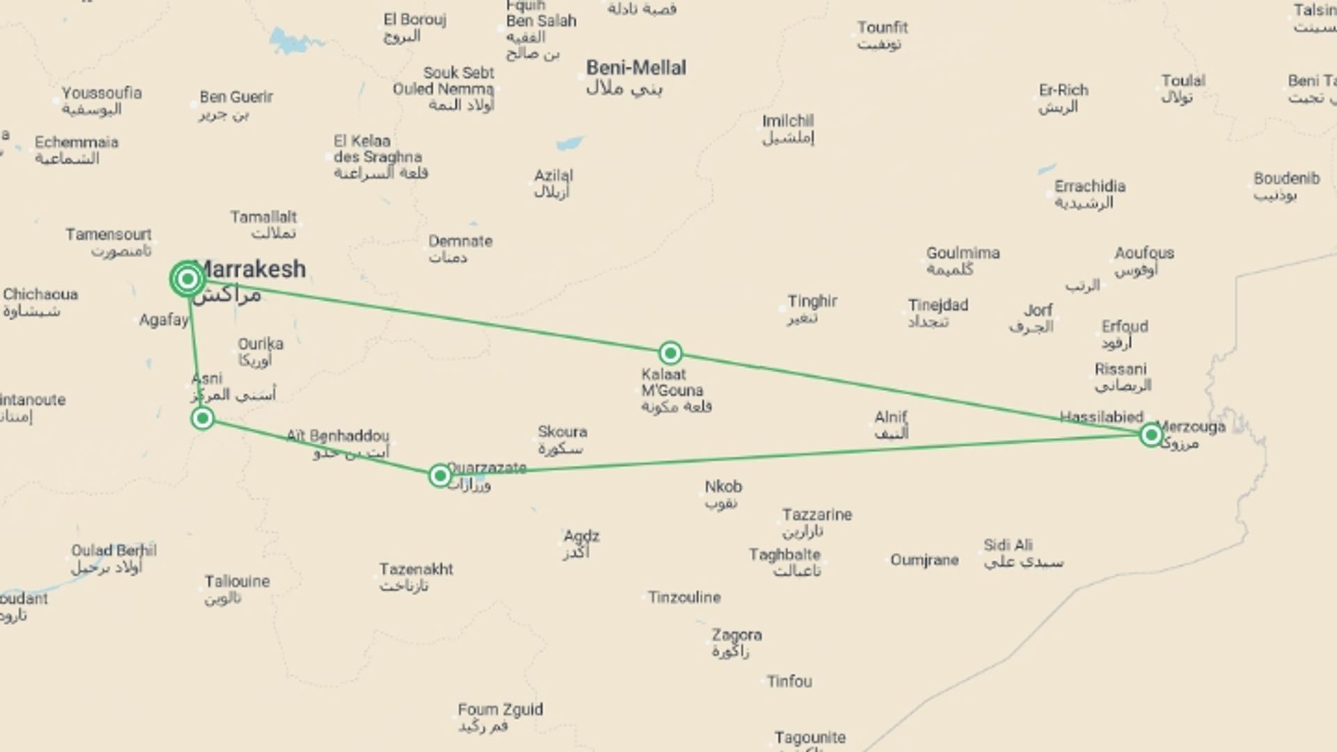 A map showing the tour itinerary for the trip: Morocco Uncovered, starting in Marrakech, Morocco and ending in Marrakech, Morocco going through 4 other destinations.