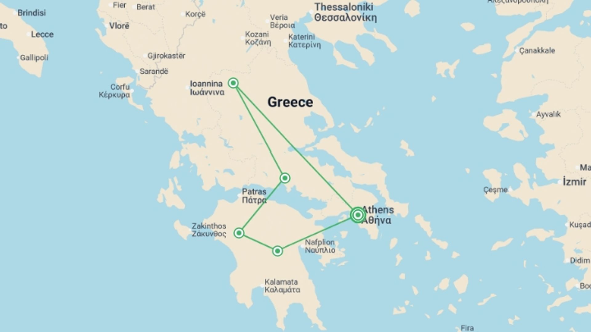 A map showing the tour itinerary for the trip: Wonders of Ancient Greece - 7 Days, starting in Athens, Greece and ending in Athens, Greece going through 4 other destinations.