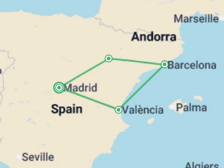 Map of Europe Tour with 3 destination visits for the trip: Madrid, Valencia & Barcelona - 4 days