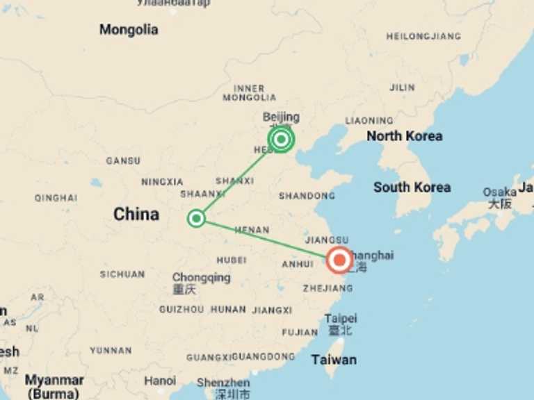 Map of China Tour with 3 destination visits for the trip: Classic China