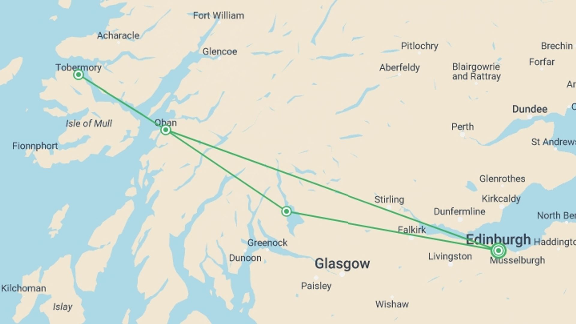 A map showing the tour itinerary for the trip: Puffin Island Hopper, starting in Edinburgh, Scotland and ending in Edinburgh, Scotland going through 3 other destinations.