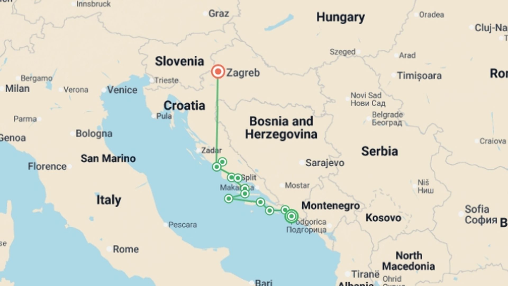 A map showing the tour itinerary for the trip: Croatia & Its Islands Small Ship Cruising on the Adriatic Coast, starting in Dubrovnik, Croatia and ending in Zagreb, Croatia going through 3 other destinations.