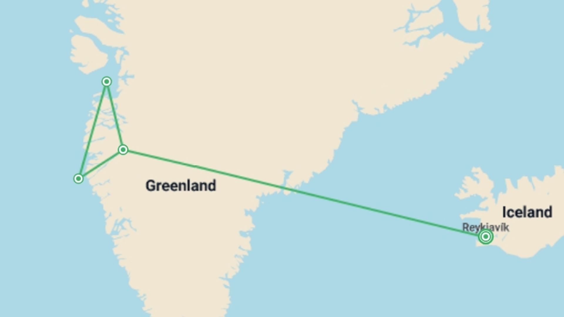 A map showing the tour itinerary for the trip: West Greenland Ice Odyssey: Glaciers and Icebergs, starting in Reykjavik, Iceland and ending in Reykjavik, Iceland going through 3 other destinations.